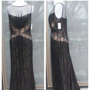 NEW TADASHI SHOJI Mesh Lace Maxi Dress/ Gown w train sz 14 TALL, Black/Nude $500
